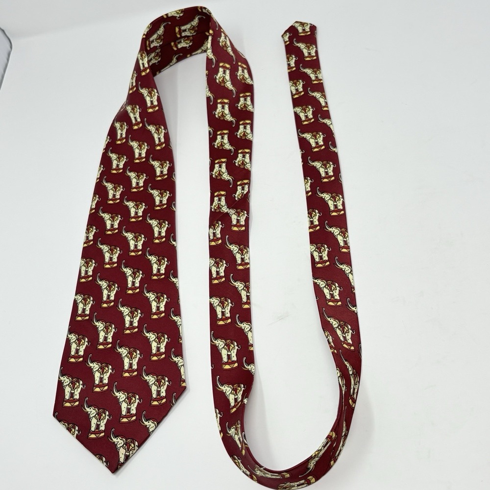 Rene Chagal Silk Italian Design Necktie Animal Print Elephants Handmade Maroon - Picture 3 of 7